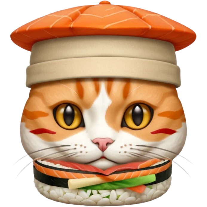 cat with its fingers crossed wearing a hat made out of sushi emoji