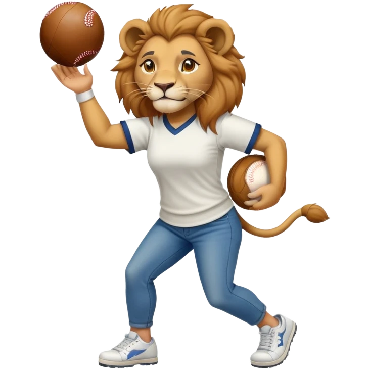 confident anthropomorphised female lion wearing a baseball shirt, jeans, and trainers, lifting an object emoji