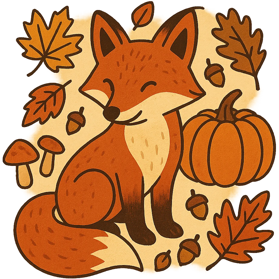 t-shirt design, vector illustration of a fox surrounded by autumn elements (fallen leaves, acorns, mushrooms, pumpkins), warm autumn color palette (orange, red, yellow, brown), clean bold lines, detailed but stylized, centered composition, no background, isolated graphic, modern flat style emoji
