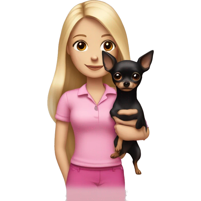 White girl with medium straight blonde hair wearing a pink shirt holding a long haired black chihuahua wearing a pink bow emoji
