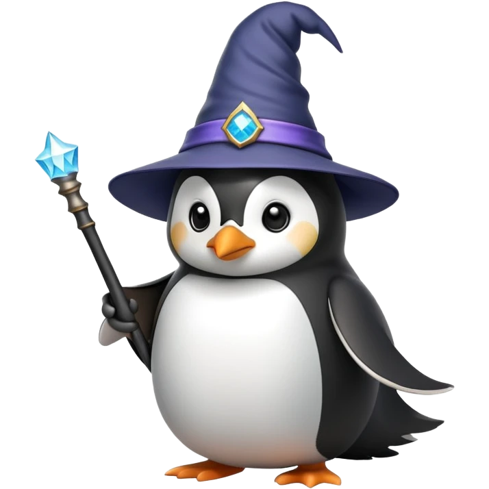 Penguin wearing a wizard hat and holding a magic wand emoji