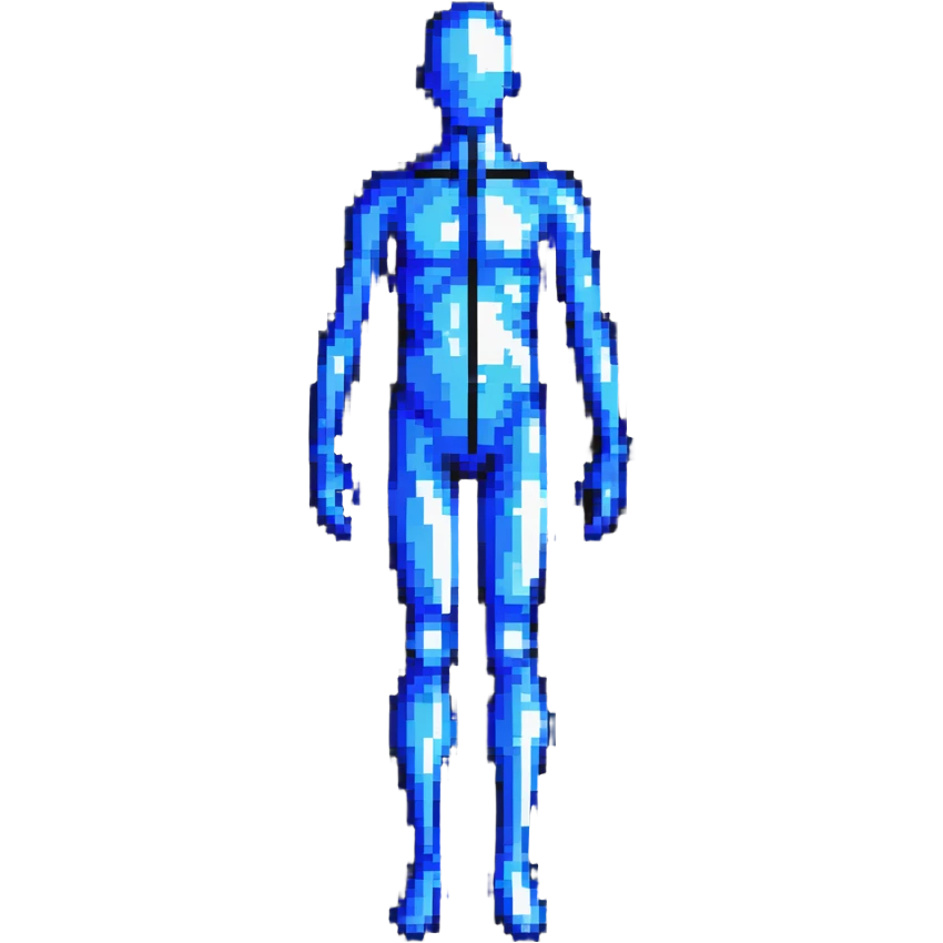 Pixelated human silhouette with digital scanning effect, blue grid lines mapping the body emoji