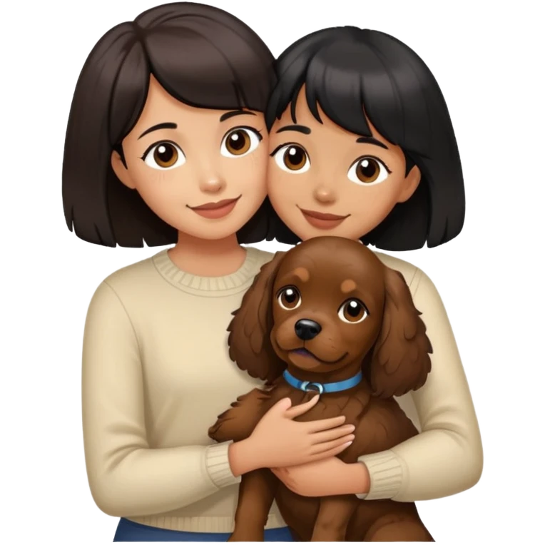 A girl with short black hair and bangs happily hugs a brown cocker spaniel emoji