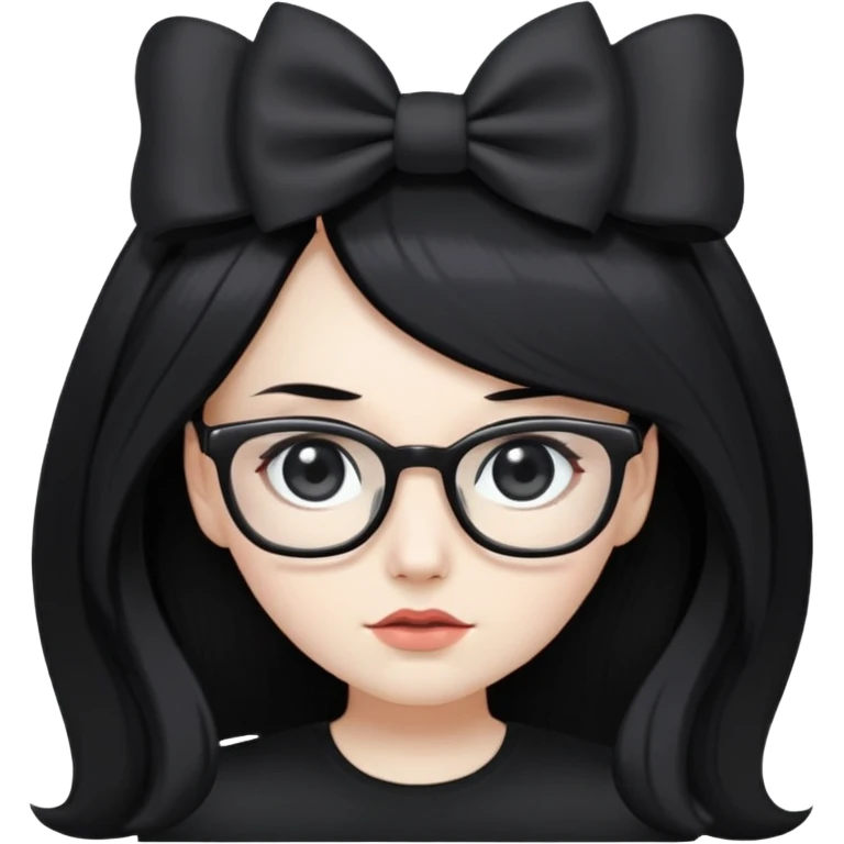 Pale white skin, long black hair, wearing a bow on her hair, black eyes, wearing a black shirt, wearing glasses emoji