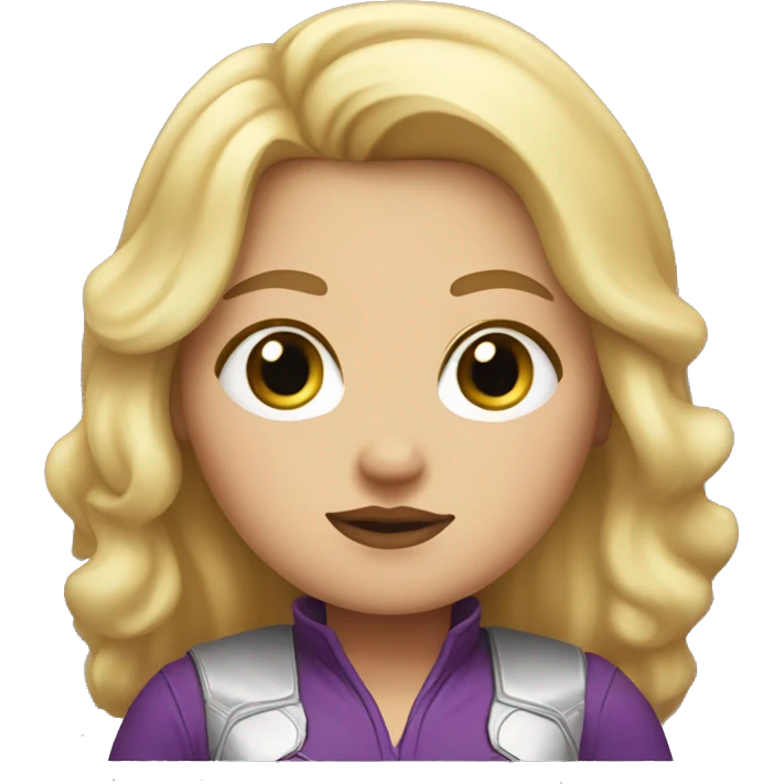 Blonde, chubby woman with hazel eyes and marvel shirt emoji