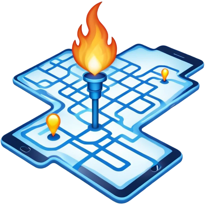 a map with a glowing blue flame on the x and networking paths emoji