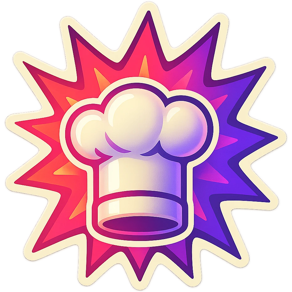 chef's hat, colors explosion, playful and modern with gradient FF4D67, 9D34FF gradient, vibrant emoji