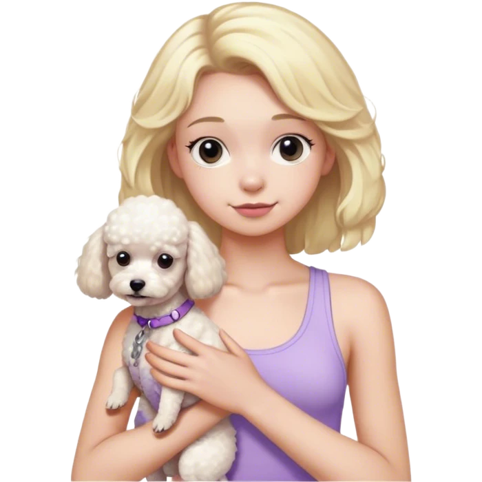 Blonde haired teenager wearing light purple tank top holding a white small poodle emoji