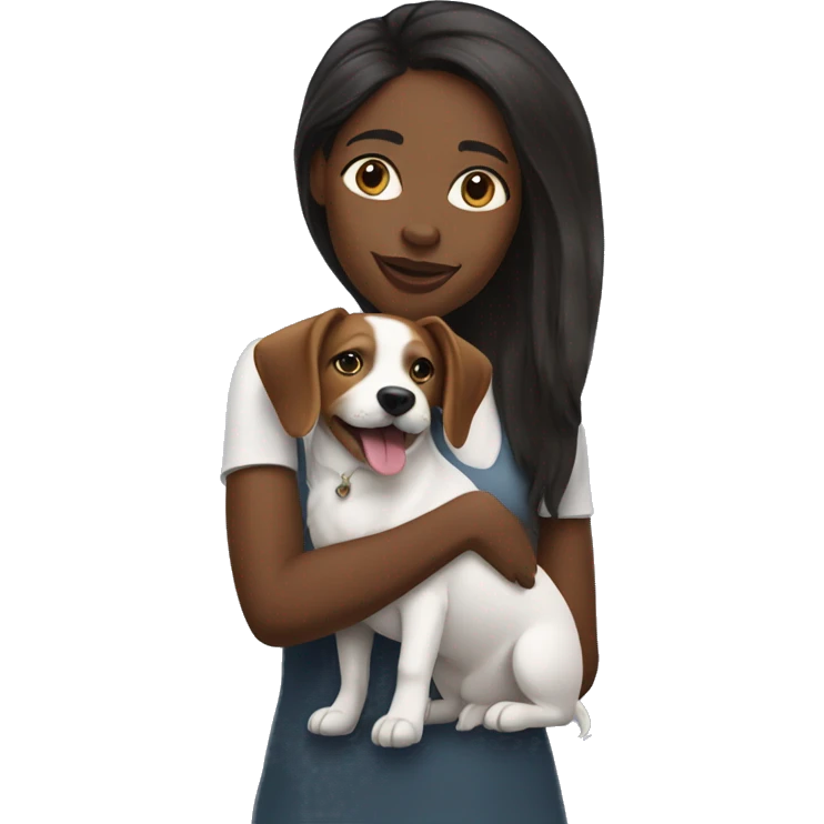 Black woman with long hair holding jack Russell terrier emoji