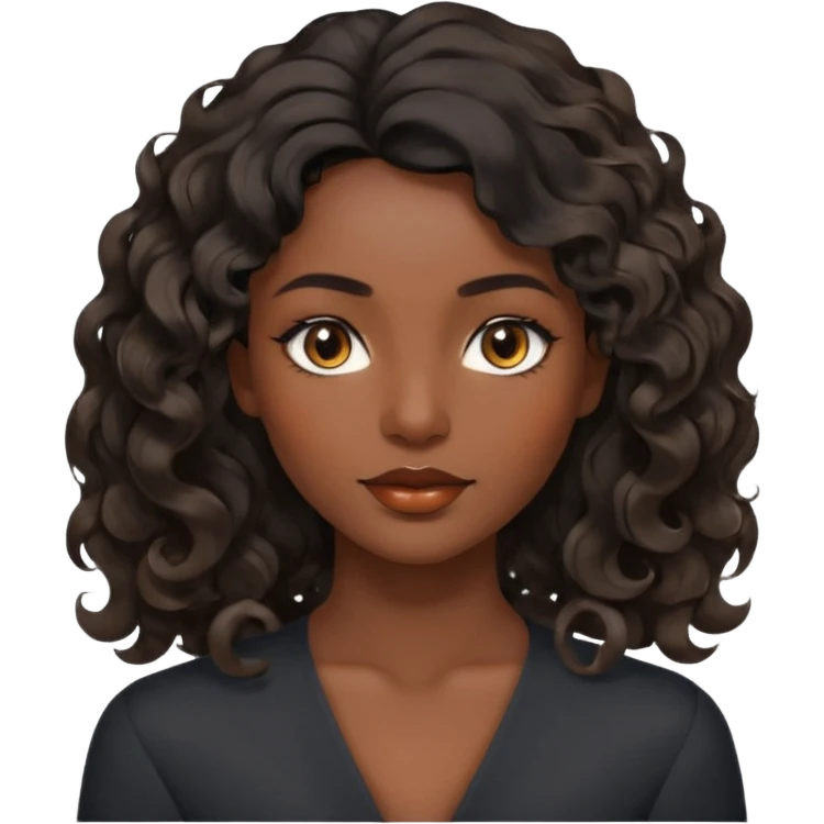 this avatar of 30th year-woman has shoulder-length black wavy hair with loose curls framing the face, and a long, pointed face, black skin with golden-brown eyes and a calm, neutral expression. emoji