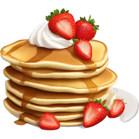 3 stacked pancakes with some strawberries and whipped cream on top emoji