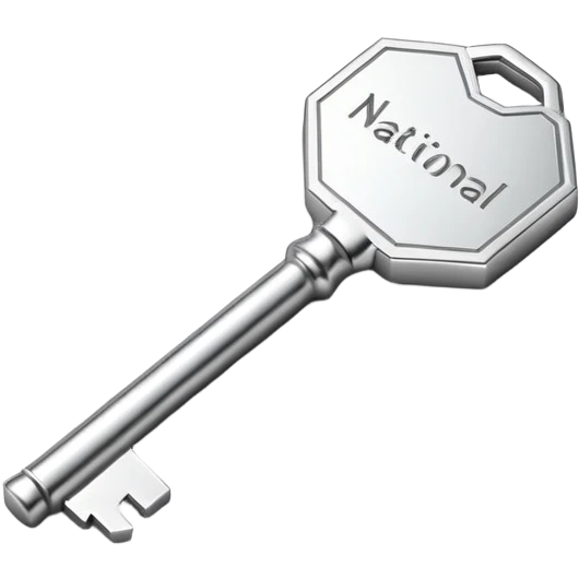 small silver metal key with hexagonal head and the word NATIONAL engraved, clean lines, soft silver tone, minimalistic and precise emoji