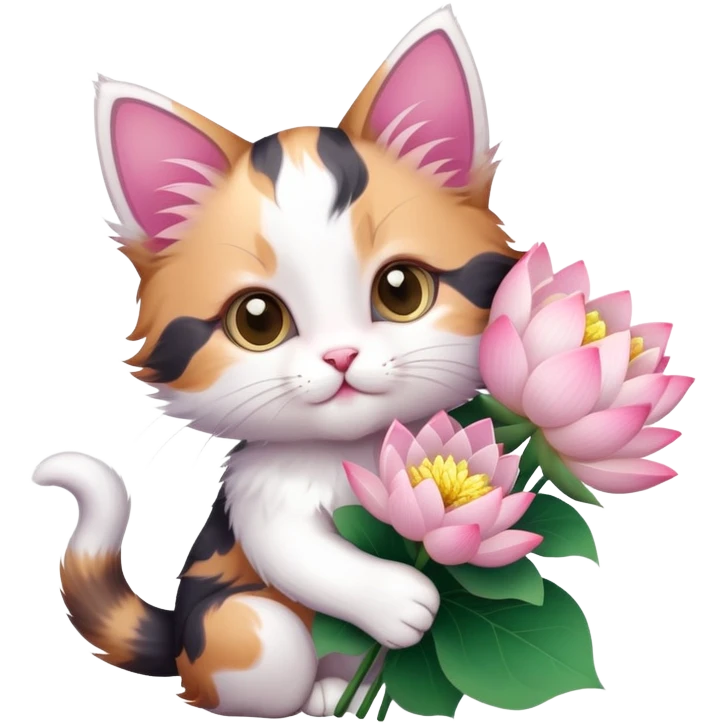 Kitten holding a bouquet of lotus flowers emoji