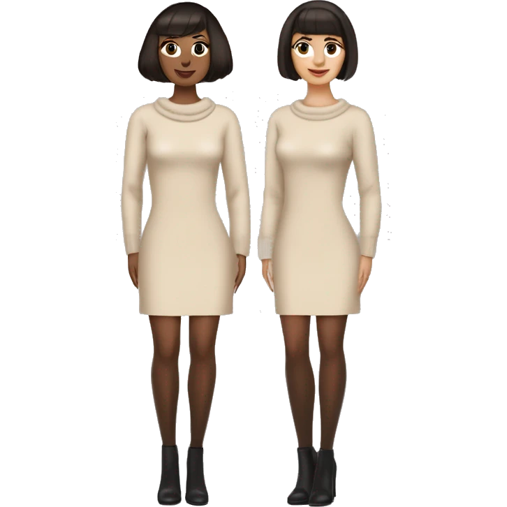 Romanian woman with a short dark brown bob haircut featuring bangs that slightly cover her eyes. Natural makeup,slightly flushed cheeks,light beige straight-fit long sleeve very chunky twist knit dress,black heels,dark brown thigh-high stockings emoji