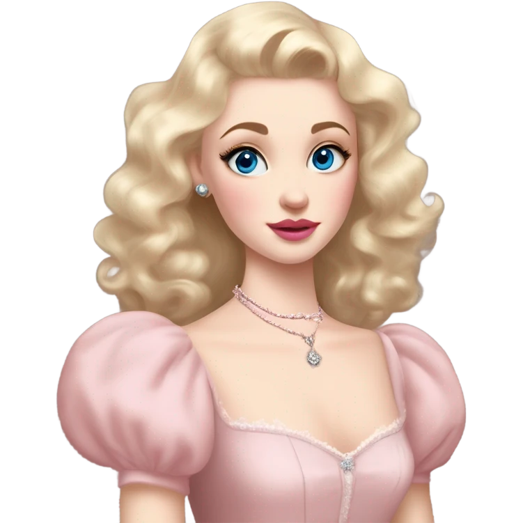 girl blonde hair pale skin blue eyes. Pink lips blush Smokey eye (but not too much). Vintage blowout with long hair not too curly.  light pink princess dress, puffed sleeves, dainty choker necklace (think Versailles but not too much). Striking beauty emoji