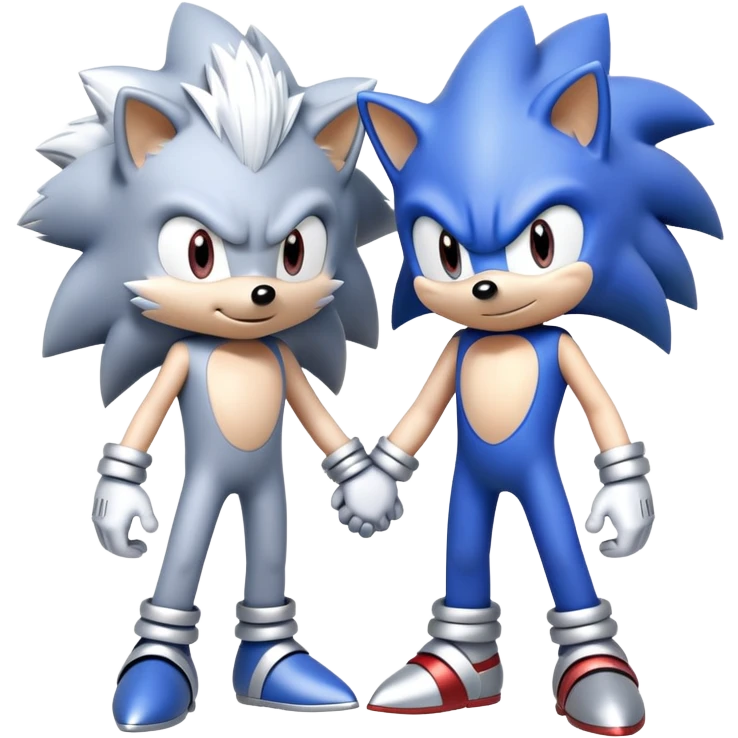 Blue Sonic the Hedgehog and silver-colored Silver the Hedgehog holding hands together side by side emoji