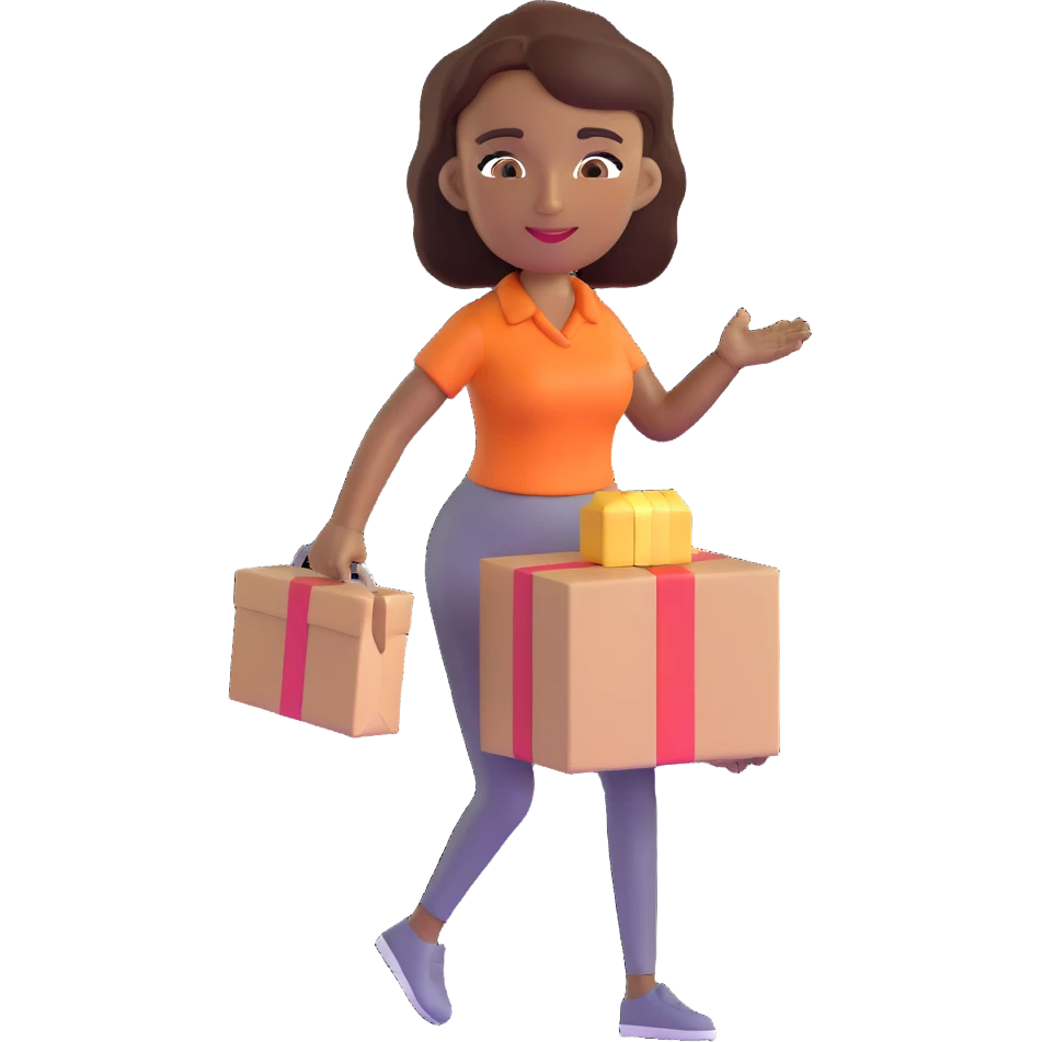 mujer de piel morena entregando un paquete pequeño, fondo simple emoji