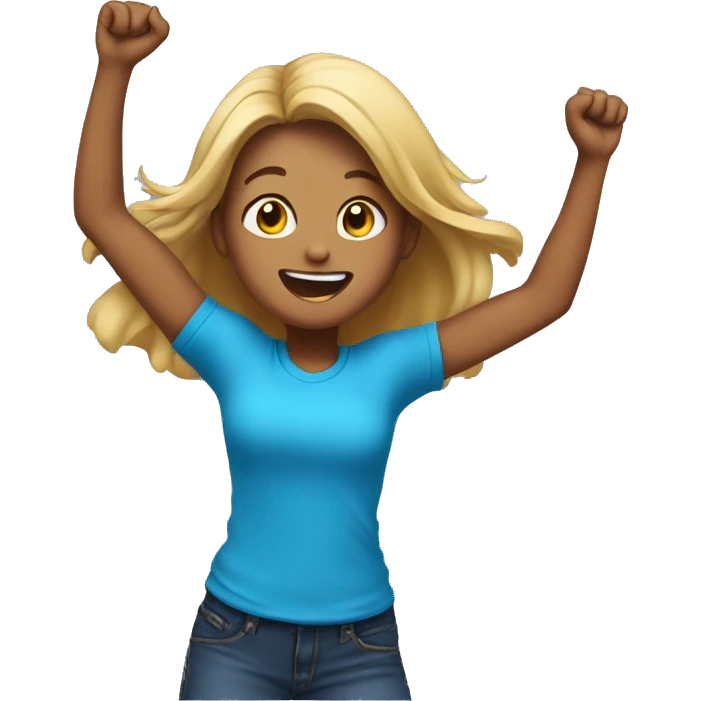Girl jumping in celebration, showing her from behind, just from the hips to the head, light dark skin and blue T-shirt emoji