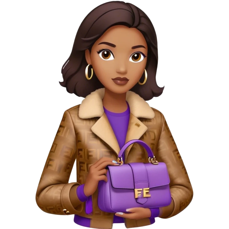 Beautiful black woman wearing a brown monogram Fendi jacket and carrying a purple Fendi baguette bag. I want the image to start at her head and end at the waist emoji