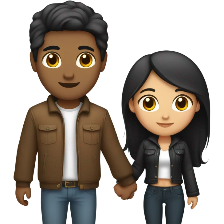 a couple holding hands. the guy has black middle part hair and is Persian and Filipino mix, wearing a jacket. the girl has brown hair white and asian mix, wearing a crop top. emoji
