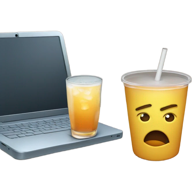 laptop or tablet with a drink next to it, and the screen displaying an overwhelmed face emoji