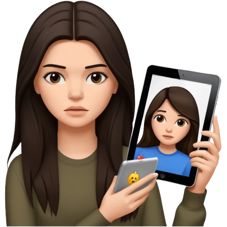 bored and sad brunette  Kendall Jenner with long hair holding iPad emoji emoji