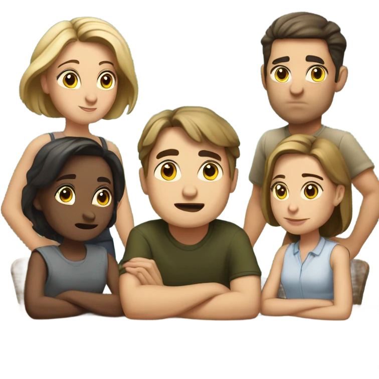 6 Caucasian people sitting around a table looking unhappy emoji