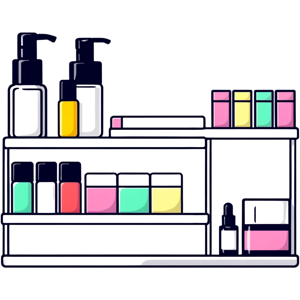 big long white shelf with one serum bottle labeled beauty brand and large sticky note next to it emoji