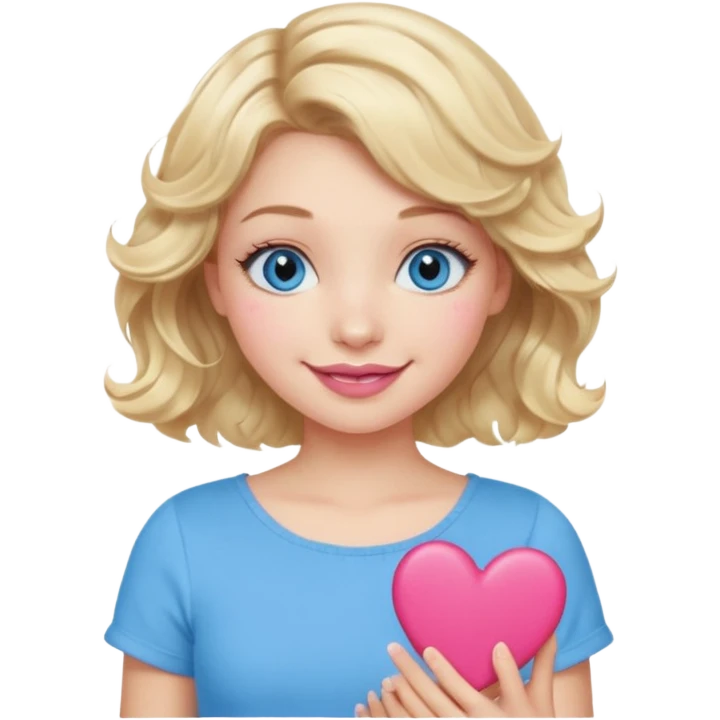 Girl Blonde short wavy hair,  blue eyes, cute blue top, long lashes, pink lips, smiling, holding hearts emoji