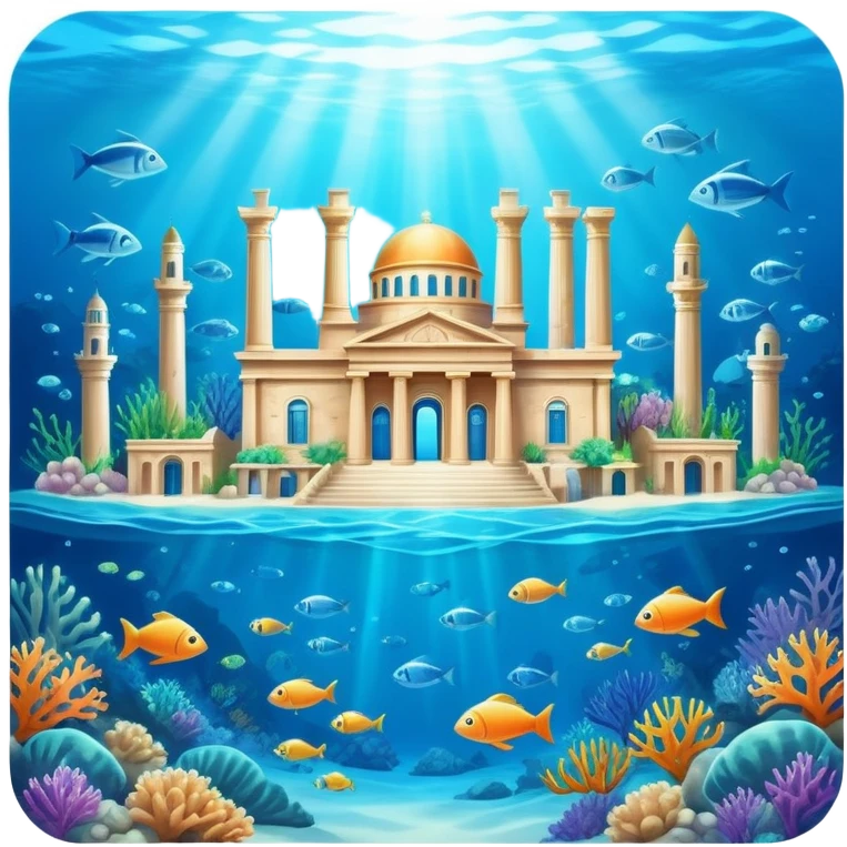 Atlantis underwater city with domed buildings, ancient Greek architecture, glowing blue energy crystal, surrounded by fish emoji