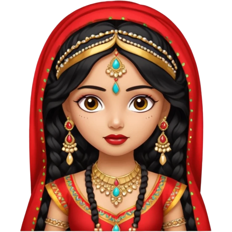 a pretty bratz fair indian girl wearing a red indian wedding outfit with dupatta on head,  golden jewellery, black wavy hair emoji