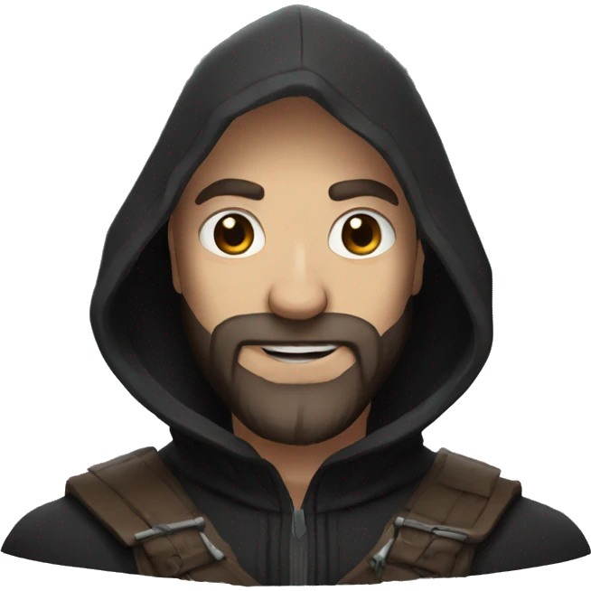 bald human rogue with brown beard and black hood happy emoji