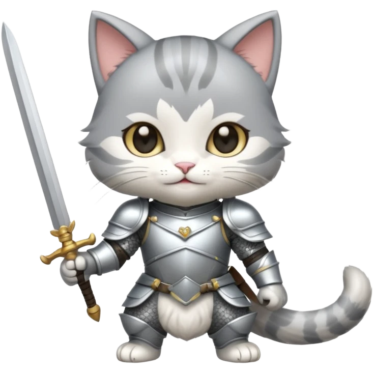 baby chibi cat in silver armor, full body, smile, hold sword emoji