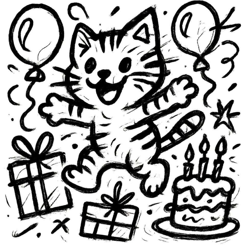 chaotic outlined icon of a happy tabby kitten jumping among balloons, birthday cake, and gift boxes, with wild, scribbled lines emoji