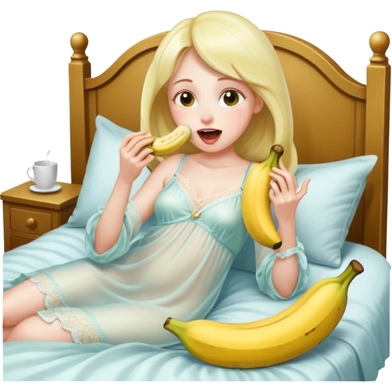 Frau in durchsichtigem Nachthemd leckt an einer ganzen Banane im bett ohne ander Bananen emoji