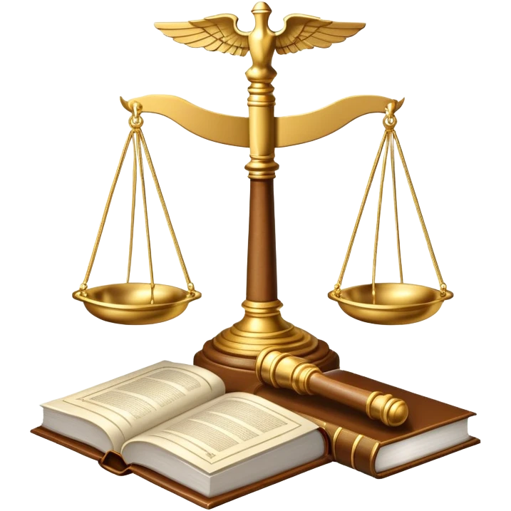 An icon featuring scales of justice, a gavel, and a legal book, symbolizing the study of law. The design includes courthouse pillars in the background, representing authority and legal systems. Transparent background highlights the principles of justice, order, and legal education. emoji