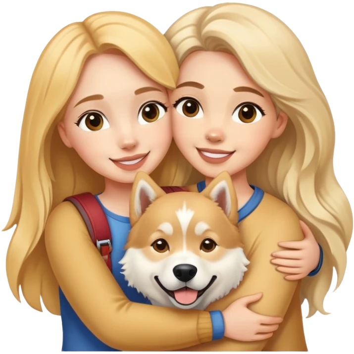 A white girl happily hugs a golden retriever and a husky emoji