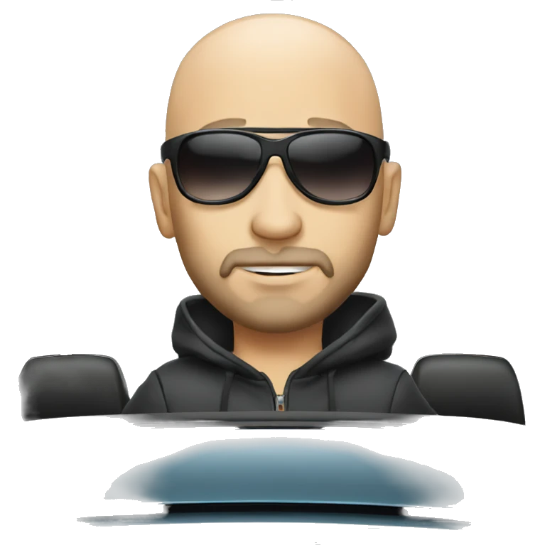 good looking bald man with a beard and sunglasses driving a sports car emoji