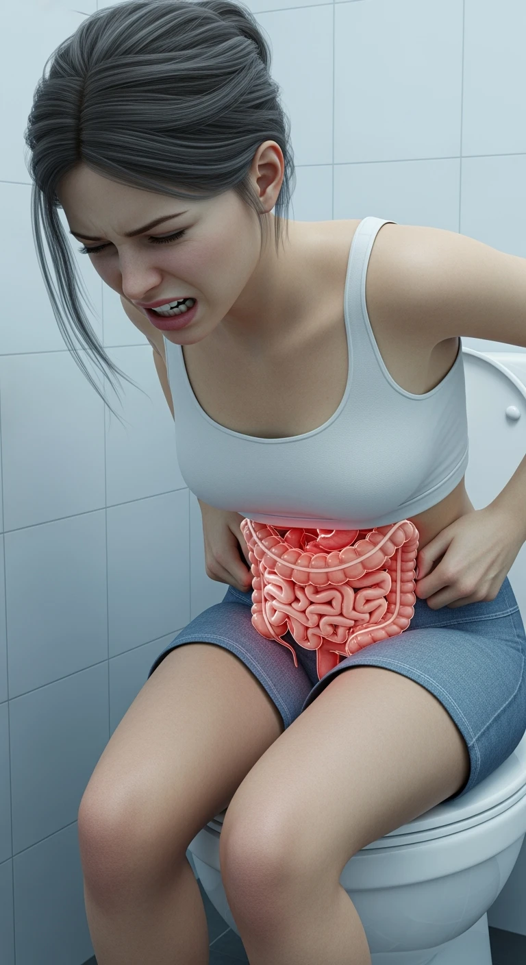 DONNA CON MAL DI PANCIA SEDUTA SUL WC MENTRE SI SFORZA, INTESTINO UMANO ANATOMICO IN EVIDENZA, IPERREALISTICA 4K emoji