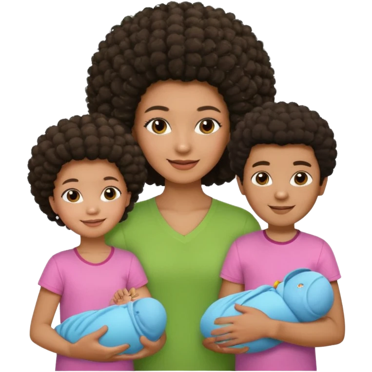 Family with a dark woman only with an afro hairstyle and a green shirt, two children: a boy with straight hair and a blue shirt, and a baby girl in a pink shirt. All are smiling. emoji