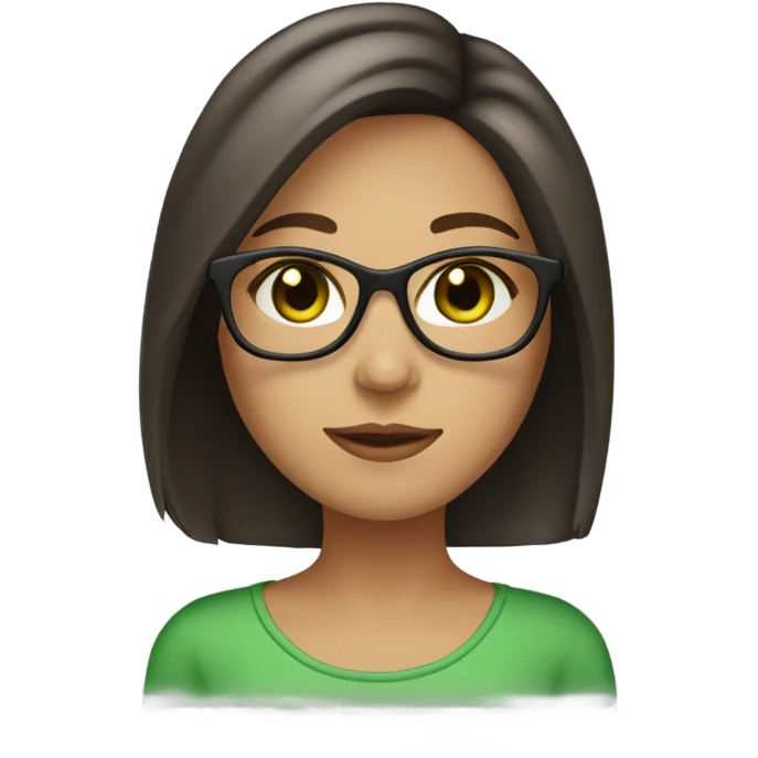 Girl with Longbob dark Brown Hair and highlights in front of the hair and she wears glasses and has green eyes emoji
