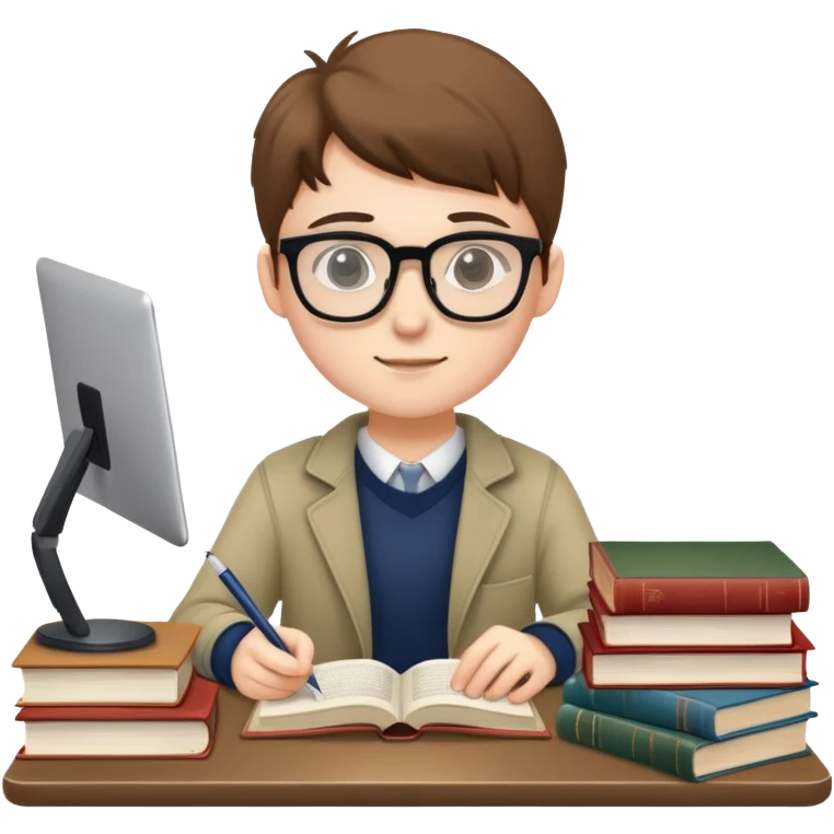 Student with glasses studying at desk with books and laptop emoji