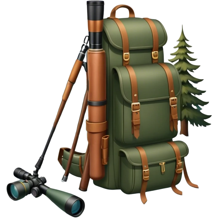 Icon for Hunting Tourism: a hunting rifle, binoculars, and animal tracks in the snow, with a forest background and a hunter’s backpack. The icon should represent the adventure and experience of hunting in nature. Transparent background. emoji