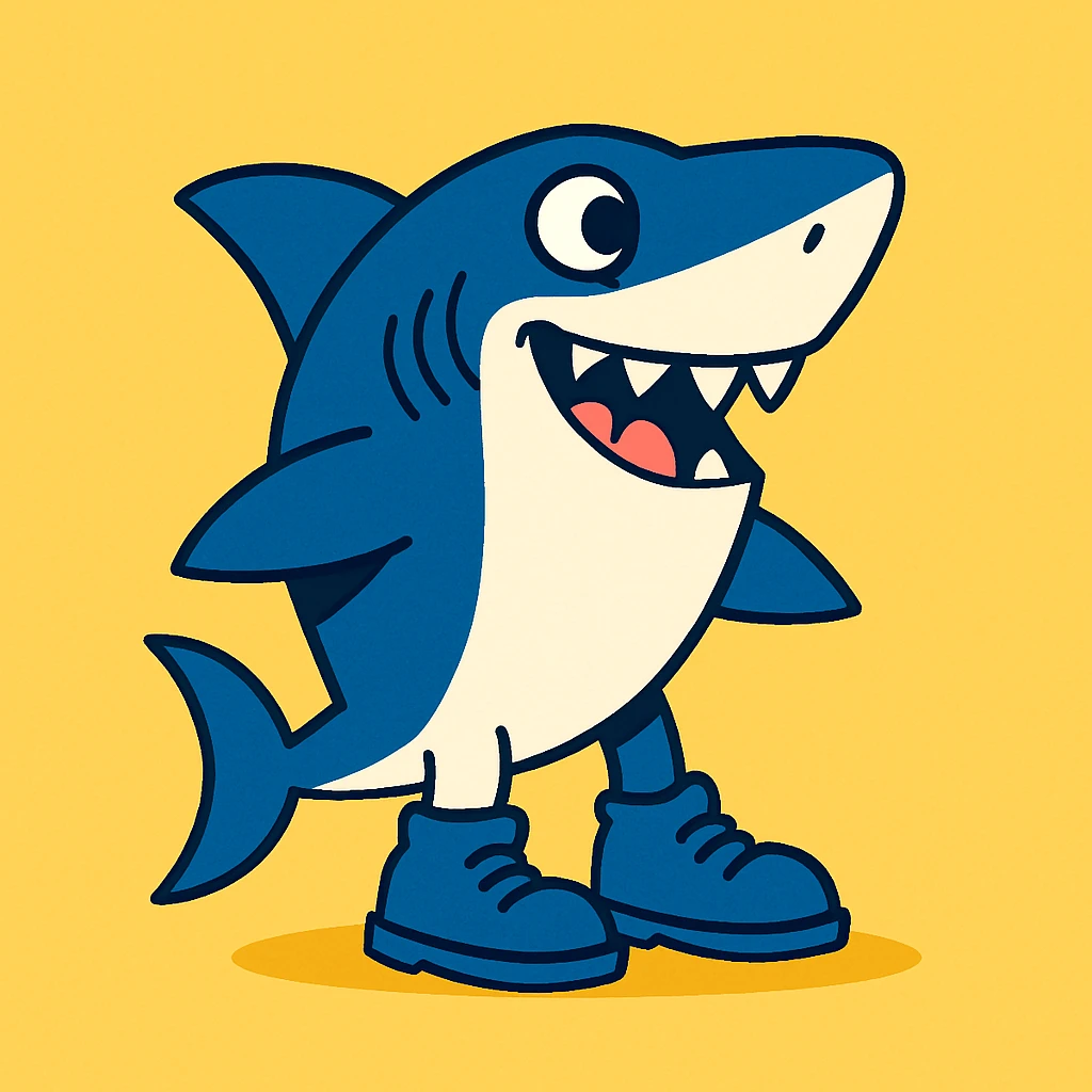 funny illustration of a shark wearing blue shoes, simple background emoji