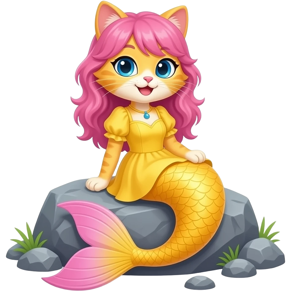femboy yellow cat furry happy  blue eyes with pink hair yellow dress attached to long light yellow mermaid tail with pink fins sitting on a rock emoji