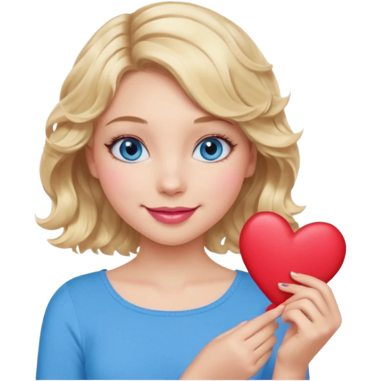 Girl Blonde short wavy hair,  blue eyes, cute blue top, long lashes, pink lips, smiling, holding hearts emoji