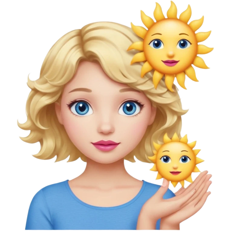 Girl Blonde short wavy hair,  blue eyes, cute blue top, long lashes, pink lips, holding the one sun   emoji