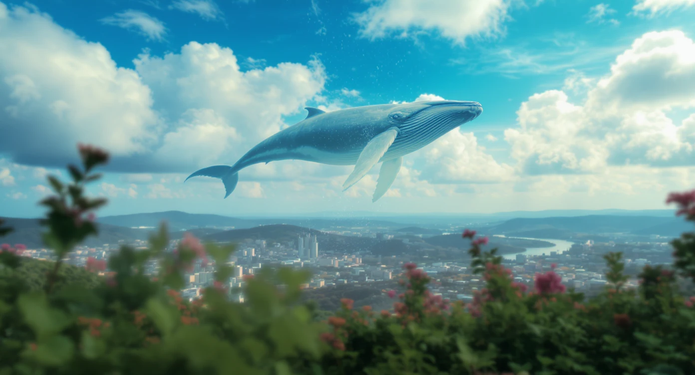 A cinemaatic still of a city, blurred plants in the foreground, giant whales fly above city sky, rolling hills in the background, cinematic depth of field, layered composition, colorfull, blue sky emoji