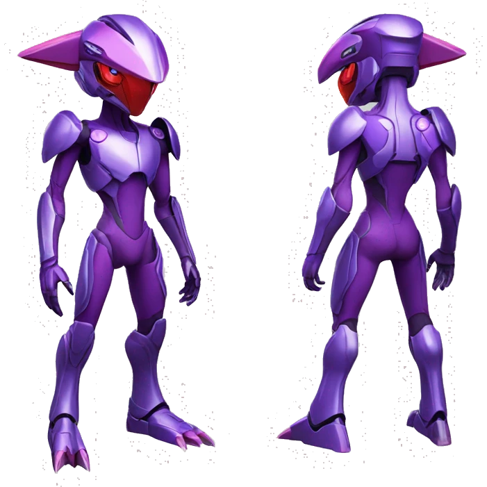 a shiny purple-red Genesect-Raptor-Fakémon—hybrid with a futuristic visor-helmet full body emoji