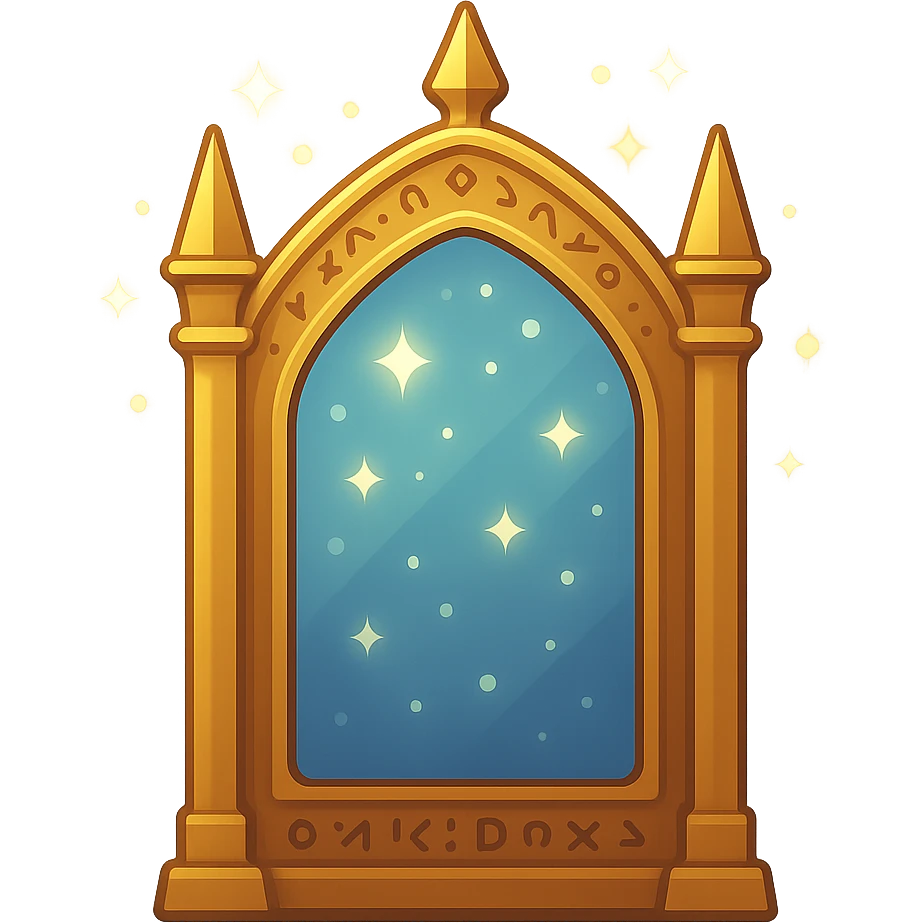 Beautiful atmospheric mirror in Harry Potter style with a bit of magic — shimmering lights, soft glow, mysterious symbols on the frame, color filled style with shadows and highlights, transparent background. emoji
